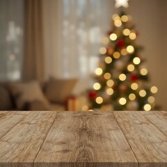    Rustic Wooden Table with Warm Natural Grain in Festive Christmas Background Featuring Bokeh Lights and Decorated Tree – Cozy Holiday Mockup Scene
