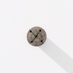 Top view of round wooden deck post with bolts casting long shadow on white background