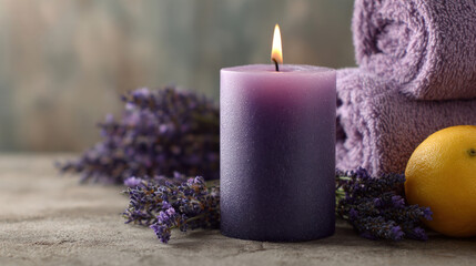 Purple spa candle gently burning next to bundles of lavender and citrus fruit, relaxing natural decor on stone surface, soft focus background in soothing light