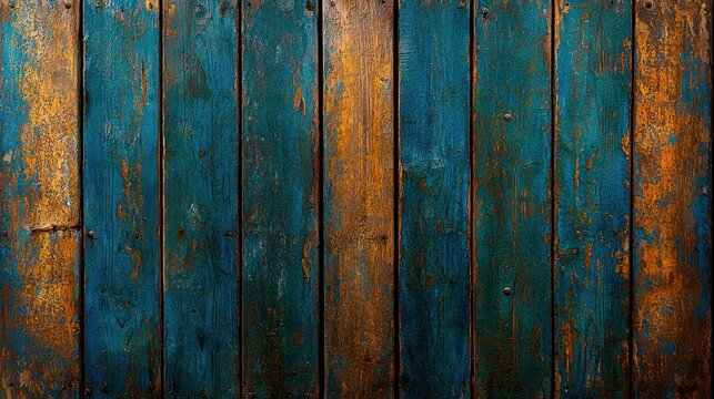 Weathered wooden planks showcasing distressed paint in striking teal and orange - Powered by Adobe