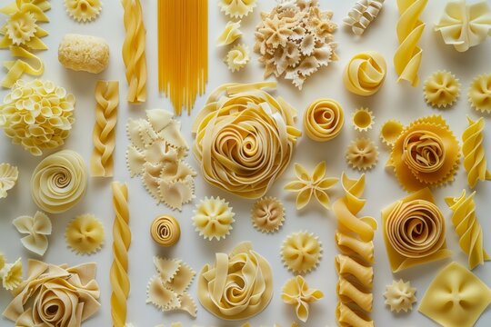Assorted multicolor pasta varieties on rustic background. Neural network AI generated