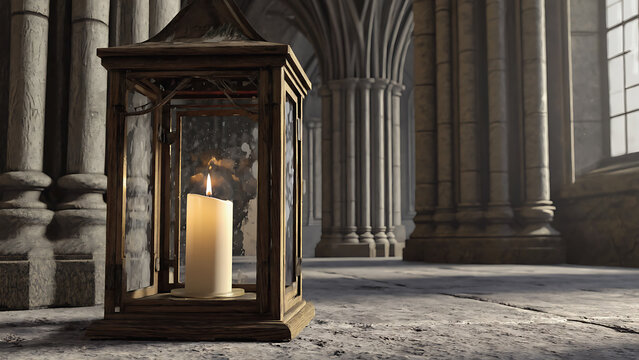 An old lantern with a candle glows in a stone cathedral, creating a peaceful atmosphere. - Powered by Adobe