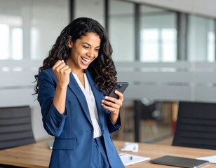 Mujer de Negocios Exitosa Celebrando Noticia en su Smartphone en la Oficina


