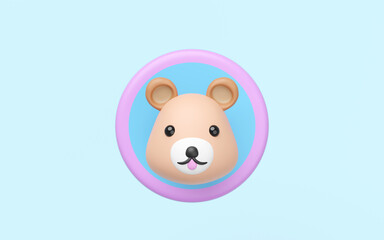 3d cute bear head in the circle label icon isolated on blue background. mascot, character, logo, cartoon style, 3d render illustration