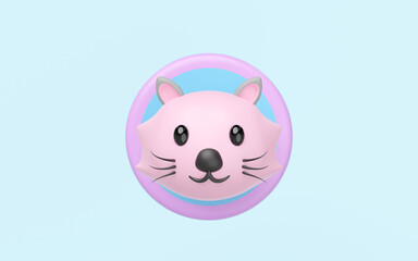 3d cute cat head in the circle label icon isolated on blue background. mascot, character, logo, cartoon style, 3d render illustration