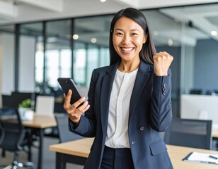 Mujer de Negocios Exitosa Celebrando Noticia en su Smartphone en la Oficina

