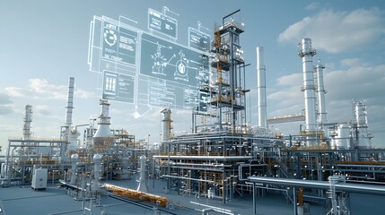 A large scale industrial refinery complex with a network of pipelines equipment