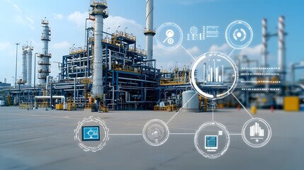 High tech digital control system operated by technicians overseeing complex fuel processing with real time analytics and futuristic interfaces at a large scale industrial refinery facility