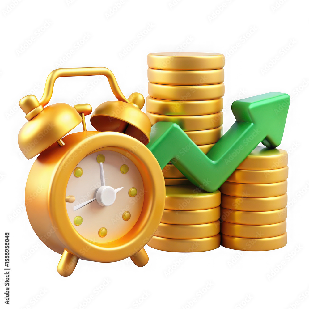 Poster golden alarm clock with stacked coins and upward green arrow isolated on transparent background