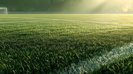 A peaceful and serene sports field with lush green grass vibrant white lines and a soft golden glow creating a detailed and inviting scene