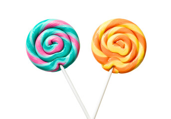 Two swirl lollipops green yellow and pink orange isolated on transparent background