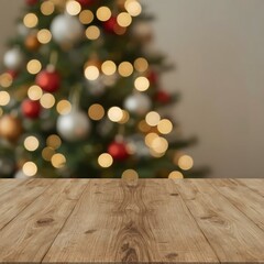     Rustic Wooden Table with Warm Natural Grain in Festive Christmas Background Featuring Bokeh Lights and Decorated Tree – Cozy Holiday Mockup Scene