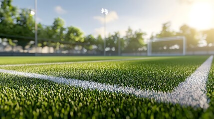 Beautifully manicured sports field with lush verdant grass and precisely marked white lines bathed in a warm golden glow from the rim lighting