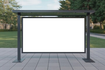 Blank billboard under a bus stop shelter on a tiled surface with trees in the background outdoors