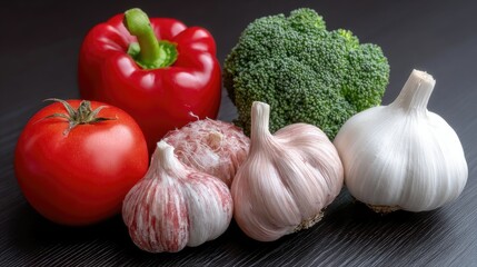 Vibrant close-up of fresh peppers, garlic, and broccoli captured in natural light with intricate textures and rich colors
