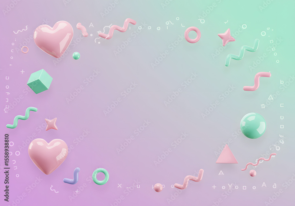 Poster pastel-colored 3d shapes arranged around a central empty space, creating a decorative design.