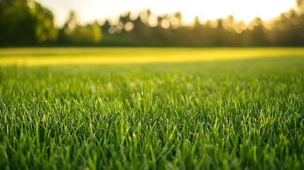 Close up view of a vibrant green grass field with crisp white lines and a golden rim of sunlight highlighting the natural texture and creating a warm glowing atmosphere