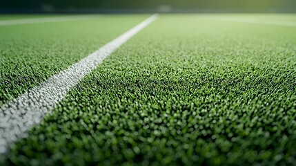 Close up view of a well maintained sports field with lush verdant grass and sharp white boundary lines creating a visually striking geometric pattern under warm golden lighting