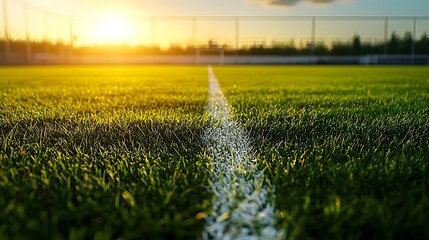 A serene sports field with vivid green grass and crisp white boundary lines glowing softly under the warm radiant light of the setting sun