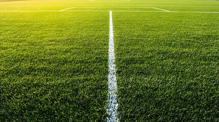 A well manicured sports turf field with vibrant green grass and striking white boundary lines creating an inviting and serene atmosphere for athletic activities