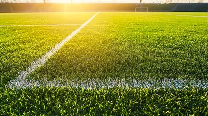 A well maintained soccer field with lush green grass and clearly defined white boundary lines bathed in the warm glow of the sun s rays