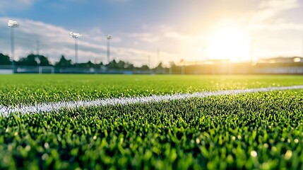 Closeup view of a well maintained sports field with lush verdant grass and sharp white boundary lines  The warm golden glow of the sun illuminates the rich texture and pattern of the grassy surface