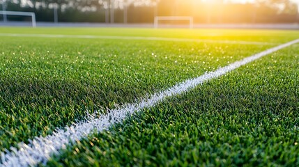 A close up view of a lush verdant sports field with crisp white boundary lines and a warm golden hued glow from the sunlight illuminating the rich textured grass surface