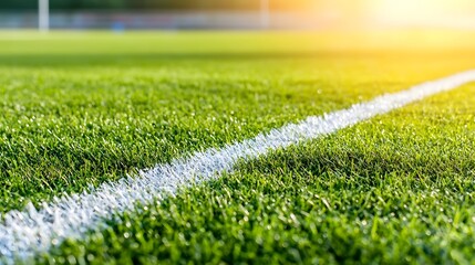 A well maintained sports field with lush verdant grass and striking white boundary lines illuminated by warm golden sunlight creating a vibrant inviting atmosphere