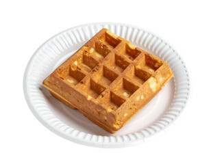 crispy square waffle served on white dessert paper plate on isolated background
