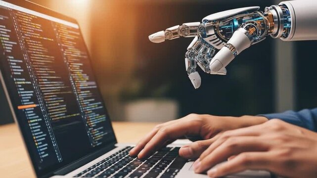 A robotic hand interacts with a human programmer working on a laptop, showcasing the collaboration between ai and humans in software development