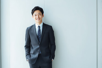 白い壁を背景に微笑むスーツ姿の若手ビジネスマン