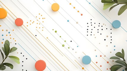 Elegant abstract design featuring a modern arrangement of minimal dots and lines in a harmonious palette of complementary pastel hues against a clean natural backdrop