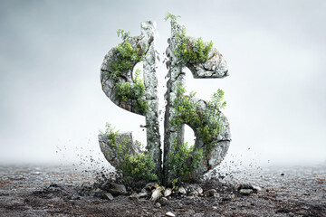 Fototapeta premium A cracked dollar sign made of stone with greenery growing on it, symbolizing financial growth and environmental connection.