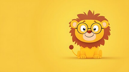 A bright and colorful cartoon of a friendly smiling lion wearing round eyeglasses exuding a cheerful and playful mood