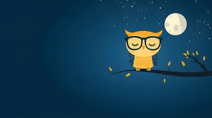 A cute cartoon owl wearing glasses sits on a branch surrounded by autumn leaves against a starry night sky with a bright moon in the background creating a whimsical and cozy atmosphere