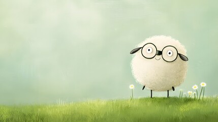 Adorable fluffy cartoon sheep with oversized circular glasses standing in a serene grassy meadow with soft pastel tones