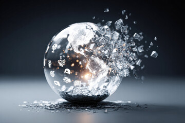 A glass globe depicting the Americas shatters, scattering fragments and digital icons, symbolizing global disruption or technological breakdown.