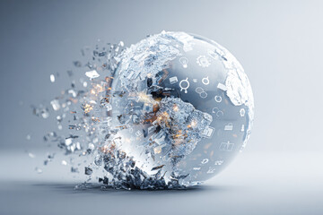 A shattered glass globe with digital icons floating around, symbolizing global technology and data disruption.