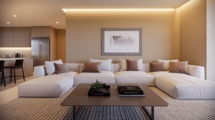A living room with a large white sofa, a coffee table, and a kitchen in the background