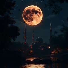 Obraz premium Night scene mosque, full moon