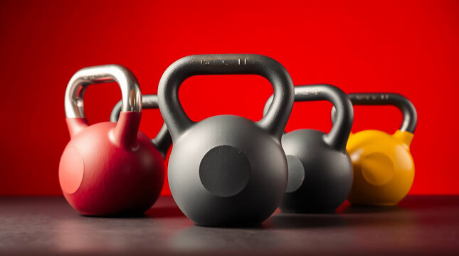 Ai generated image of a group of colorful kettlebells are arranged in a row against a vibrant red background, ready for a highintensity workout