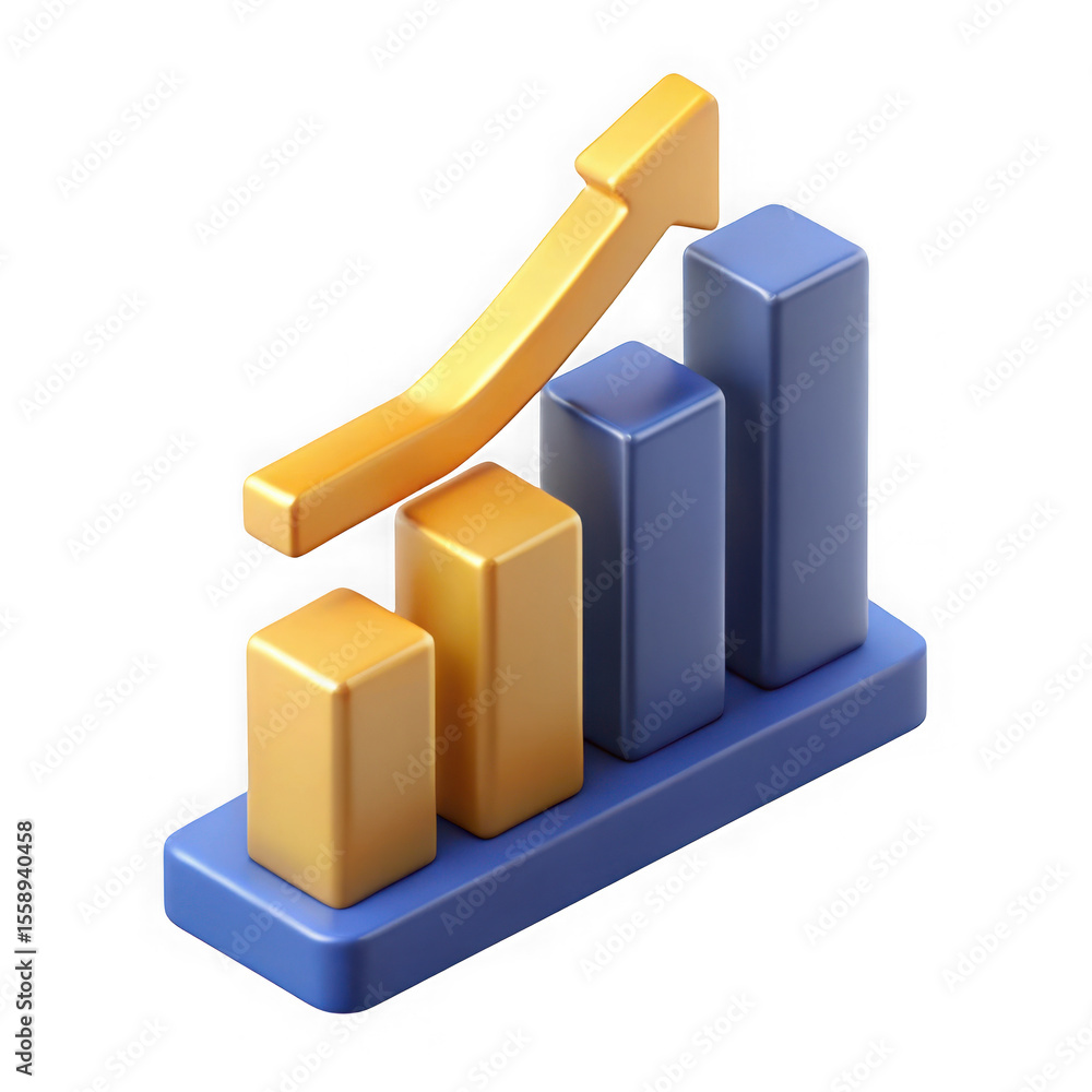 Poster 3d isometric bar chart with upward arrow showing growth and progress isolated on transparent backgro