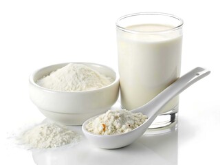 Powdered milk and milk in a glass isolated on white background