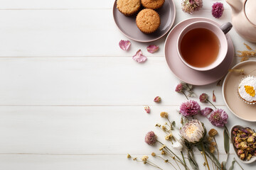 木製の白いテーブルで楽しむティータイムとドライフラワーの飾り