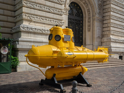 MONACO - MAY 26, 2018:  Yellow mini-submarine Anorep 1 in front of Oceanographic Museum.  This was used by Jacques Cousteau