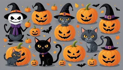 A vibrant Halloween-themed illustration featuring a playful arrangement of whimsical pumpkins styled