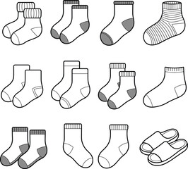 Assorted Black and White Sock Designs and Comfortable House Slippers for Everyday Wear, Cozy Footwear Collection, Simple Vector Illustrations