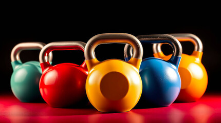 Ai generated image of a vibrant collection of kettlebells in yellow, red, blue, and turquoise are arranged on a red surface, ready for a dynamic fitness session