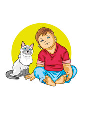 Boy is talking to a Siamese cat