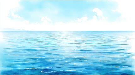 Serene Blue Ocean Watercolor Background with Gentle Waves and Distant Mountains